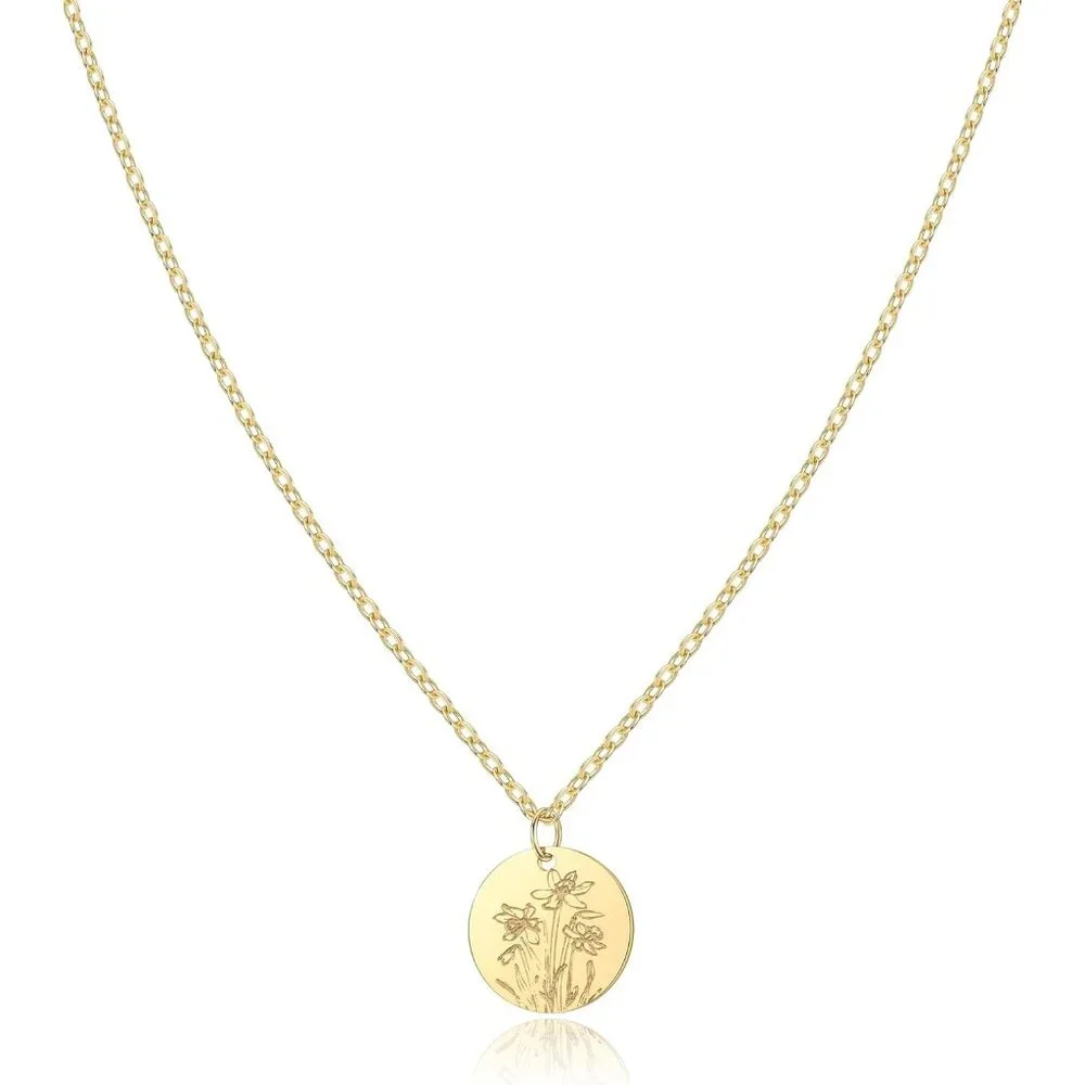 Birth Flower Necklace, 14K Gold Plated Floral Pendant Necklaces for Women, Simpl